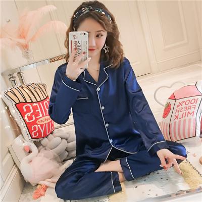 China Factory Direct Sale 2 Pieces Ice Silk Suit Ladies QUICK DRY Blue Pajamas Spring And Autumn Lapel Long Sleeve Cardigan Silk Pants for sale