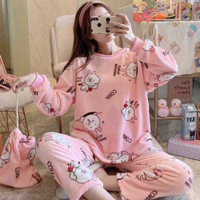 China Factory Direct Wholesale Coral Flannel Winter Coral Velvet Thermal Velvet Round Neck Pajamas Women for sale