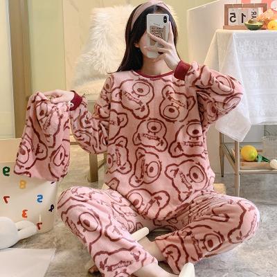 China Factory Direct Wholesale Winter Thermal Flannel Fleece Cartoon Bear Pajamas Coral Women for sale