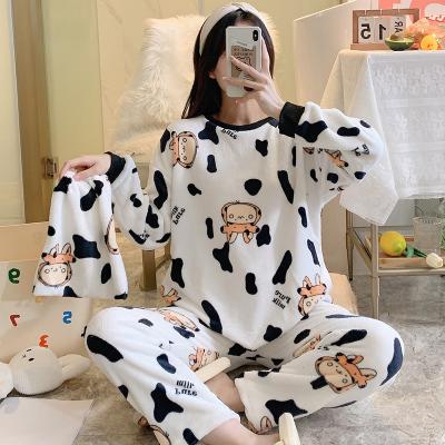 China New Style Winter Flannel Cartoon Cow Pattern Ladies Thermal Wholesale Pajamas for sale