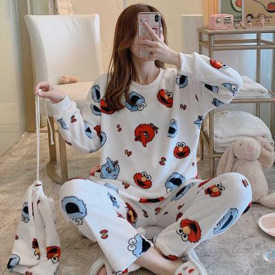 China Thermal Cheap Round Neck Fabric Flannel Winter Casual Long Sleeve Pants 2 Piece Set Korean Women's Home Wear Pajamas for sale