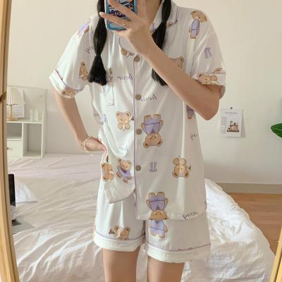 China New Summer Women's Shortsleeve Trousers Cardigan Lapel Service Pajamas Comfortable Silk Home Suit QUICK DRY for sale