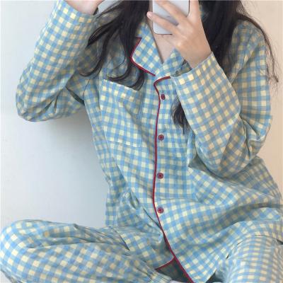 China China manufacturer ladies QUICK DRY professional pajamas children spring and autumn yellow and grid blue long-sleeved home suit for sale