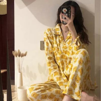 China 2021 custom printed pajamas QUICK DRY hot sale ladies spring and yellow head women's autumn bear long-sleeved home service two-piece suit for sale