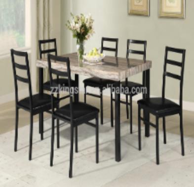 China Modern Simple Kitchen Furniture 7 Person Dining Table Set 6 Pieces And Wood Top Dining Chairs Set for sale