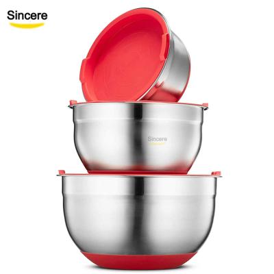 China 1.5qt 3.0qt 5.0qt Stainless Steel Viable Airtight Mixing Bowls Nested Bowl Set With Lids Silicone Bottom Red for sale