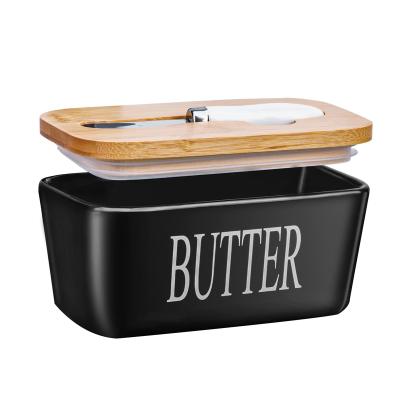 China Cheese Customer Logo 6.5 Inch Ceramic Butter Dish With Lids Bamboo Knife Cheese Dish With Lid for sale