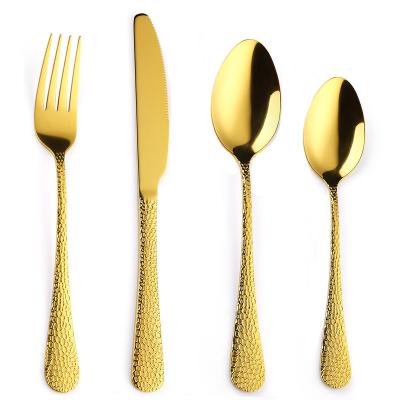 China Sustainable Wholesale Restaurant Hotel Wedding Golden Plated Stainless Steel Flatware Spoons And Forks Silverware Gold Hammered Cutlery Set for sale