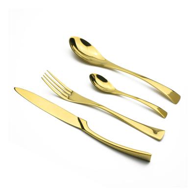 China Sustainable Wholesale Stainless Steel Silverware Bulk Golden Plated Hotel Restaurant Serving Spoon and Fork 4Pcs Gold Flatware Cutlery Set for sale