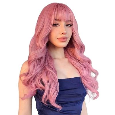 China Touch Feeling ASYLUM HAIR 22 Inch Long Bangs Wavy Pink Wigs For Women Japanese Natural Wavy Hair Wig Heat Resistant Colorful for sale