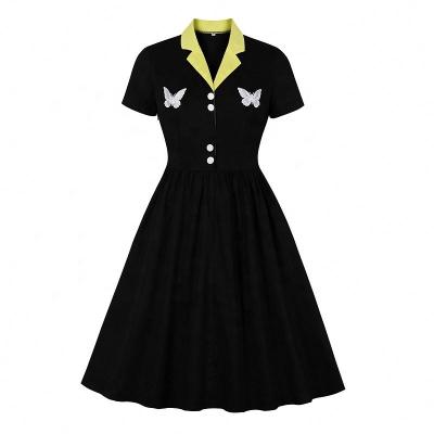 China Retro 1950s Vintage Embroidery Breathable Swing Contrast Tall Summer Dresses Women for sale