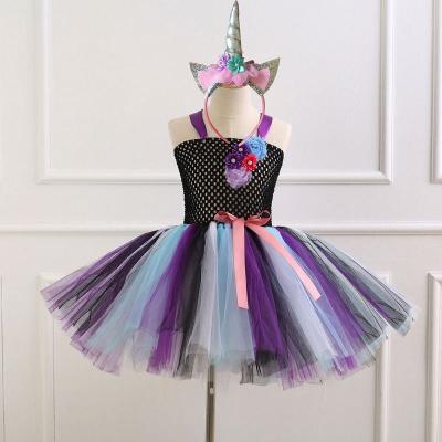 China Polyester Headdress Cartoon Unicorn Dress Girls Net Yarn Princess Tutu Skirt Children's Free Performance Dress for sale