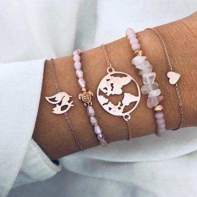 China Wholesale 5pcs/set Trendy Turtle Crystal Bracelets Set Rose Quartz Charms Adjustable Beaded Bracelets For Women for sale