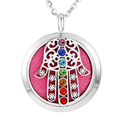 China 30mm Lead Free Pendant Hot Chakra 7 Colored Rhinestones Magnet Stainless Steel Essential Oil Diffuser Necklace for sale