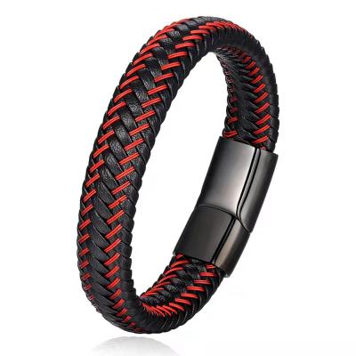 China Lead Free Stainless Steel Button Men Magnetic Wrist Band Braided Genuine Leather Bracelet Pulsera Cuero Hombre for sale