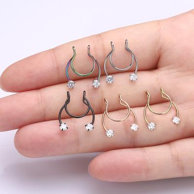 China Factory Direct Sales Punk Multicolor Faux Stone Fake Nose Ring Cuff Clip On Nose Rings Septum Nose Ring for sale