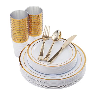 China Hot Selling Disposable Decorative Gold Plated Rim Wedding Disposable Plastic Cutlery Set for sale