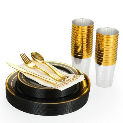 China Black And Gold Disposable Party Wedding Plates Plastic Disposable Cutlery Dinnerware Set for sale