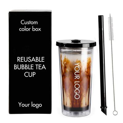 China Olovn Design 20oz Bubble Tea Double Wall Reusable Plastic Reusable Cute Clear Plastic Drinking Tumbler Boba Cup With Straw for sale