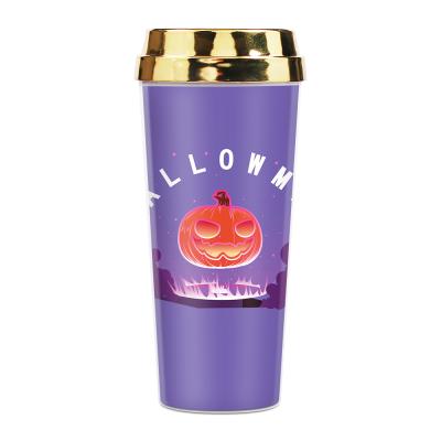 China Wholesale 2021 Viable Halloween Travel Coffee Double Wall Gold Single Lid Halloween Printing Cup Mugs for sale