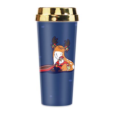 China New Design Christmas 2021 Viable Travel Coffee Mug Insulated Plastic Double Walled Gifts Mug With Gold Lid for sale