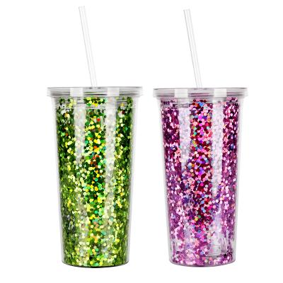 China Viable Inserts Sparkle Tea Tumbler Wholesale 20oz BPA Free Double Wall Plastic Sparkle Tumbler with Straw and Lids for sale