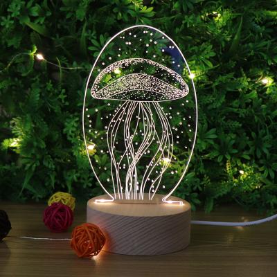 China Modern Wholesale Acrylic 3D Table Bedside Lamp Night Light With Led Wood Base for sale