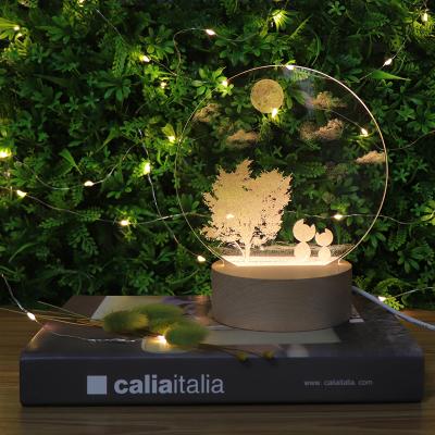 China Modern Laser Engraving 3D Acrylic Table Lamp With Wooden Base USB Night Light For Decoration for sale