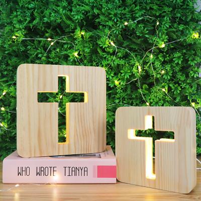 China Modern Custom Wood Craft Light USB Powered Bedside Lamp Cross LED Night Light For Decoration for sale