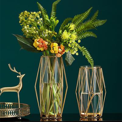 China 2021 Europe Sale Modern Glass Flower Vase Metal Flower Potted Carving Hot Home Decoration Glass Flower Vase for sale