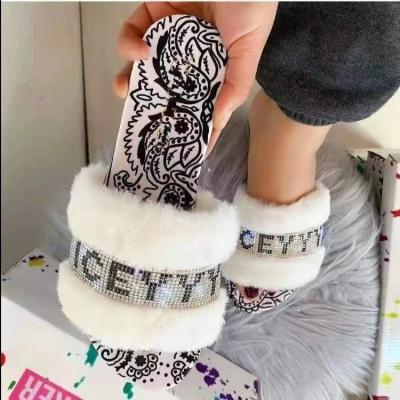 China CUSHIONING newest ladies fashion fur slippers faux crystal rhinestones furry shoes slips sandals winter fall cotton plush women's slippers for sale