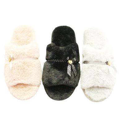 China Nice Fashion Trend of Long Use Pea Flower Bow Decoration Cotton Fluffy Open Toe Slippers for sale