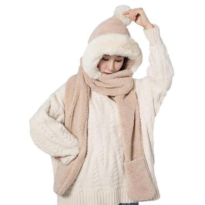 China breathable & Waterproof 2021 Winter Warm Plush Hat Scarf Thick Plush Winter Fur Cap Women Hats Scarves Gloves Set for sale