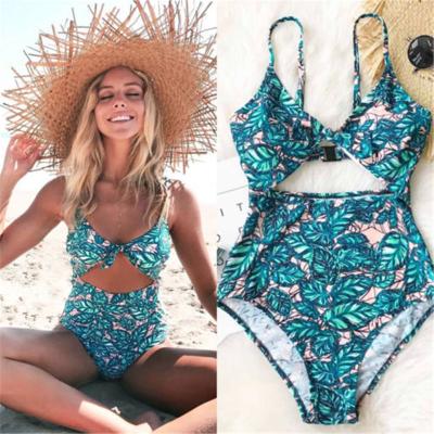 China YOUME Anti-UV One-Piece Suits Women's High Waist Striped Floral One-Piece Bikini Summer Bandage Monokini Swimwear Swimwear for sale