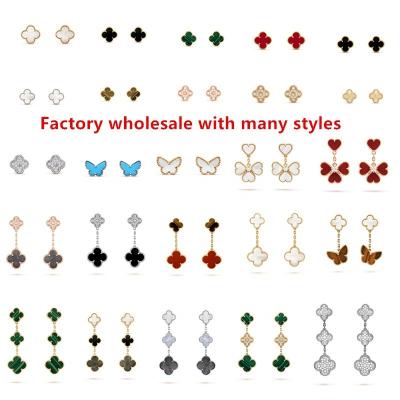 China S925 Sterling Silver Original 18K Gold Plated Jewelry Set Romantic High Quality Women's Lucky Clover Logo Stud Earrings for sale