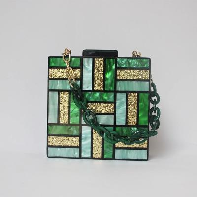 China Gorgeous Green Gold Acrylic Fashion Launch Evening Clutch Purse With Square Chain For Wedding Party Vintage Box Casual Purse for sale