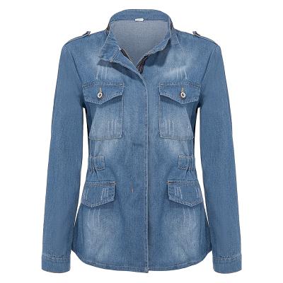 China Wholesale 2022 New Fashion Women Reversible Long Sleeve Double Pocket Slim Fit Womens Tunic Denim Blouse Tops Jacket Denim With Zipper for sale