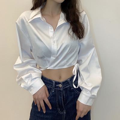 China 2021 New Designs Tie-Wrap Plain White Backless Crop Woman Anti-Pilling Long Sleeve Cropped Ladies Clothing Tops Blouses And Shirts Tops Lady for sale