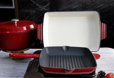 China Roter emaillierter Stock Roheisen-Bratpfanne-Pans 10inch nicht frittieren Pan With Ridge zu verkaufen