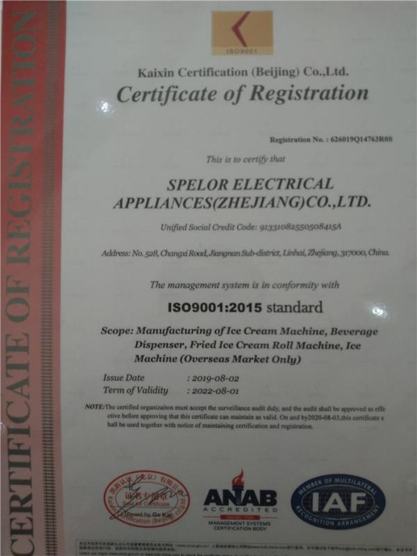 ISO9001 - Spelor Electrical Appliances (zhejiang) Co., Ltd.