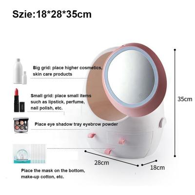 China Durable Table Mirror Storage Box Plastic Travel Dustproof Rotating Led Cosmetic Storage Box for sale