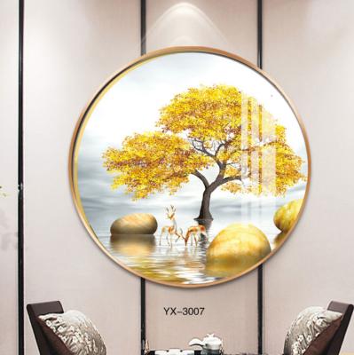 China Luxury Abstract Light Wall Art Deer Golden Tree Landscape Picture Living Room Crystal Porcelain Painting Decoration for sale