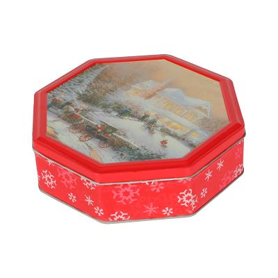 China Recycled Materials Food Grade Christmas Tins Food Packaging Wholesale Large Cookie Tins Hexagonal Christmas Cookie Tin for sale