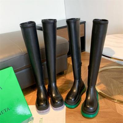 China Fashion Waterproof Solid Round Toe Side Zipper Non Drop Genuine Leather Boots Women Elastic Over The Knee Boots for sale