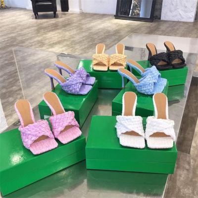 China Trend 2022 Fashion Spring And New Summer Style Square Toe Woven High Heels Sandals Rope High Heels Slides Slippers for sale