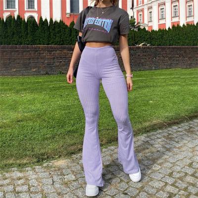 China Solid Color Knitting Casual Breathable Good Rib Skinny High Waisted Flare Pants Rocket Pants for sale