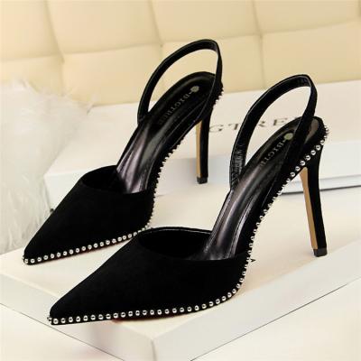 China Fashion Trend Designer Rivet Pointed Toe Velvet Sandals Stiletto Black Heels For Women Shoes Women's Heels Shoes for sale