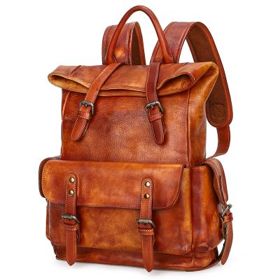 China 2020 Large Capacity Handmade Vintage Brown Genuine Leather Laptop Backpack For Women Men for sale