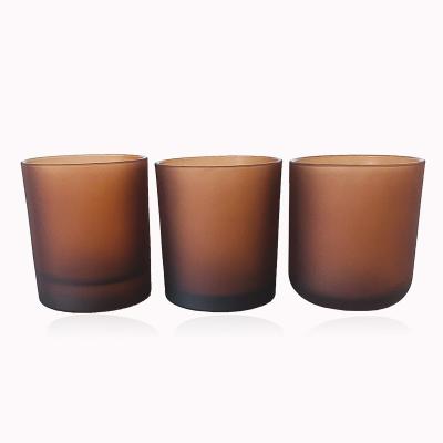 China Wholesale Home Decoration Frosted Amber Glass Candle Jar Lid Metal Lid 200ml 300ml Aura Votive Holder With Wooden for sale