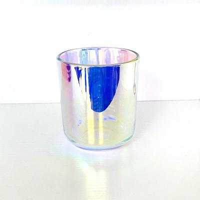 China Luxury Home Decor Cambridge Hologram Tall Jar 16oz Plated Iridescent Glass Candle Jar With Lid For Candle Making for sale